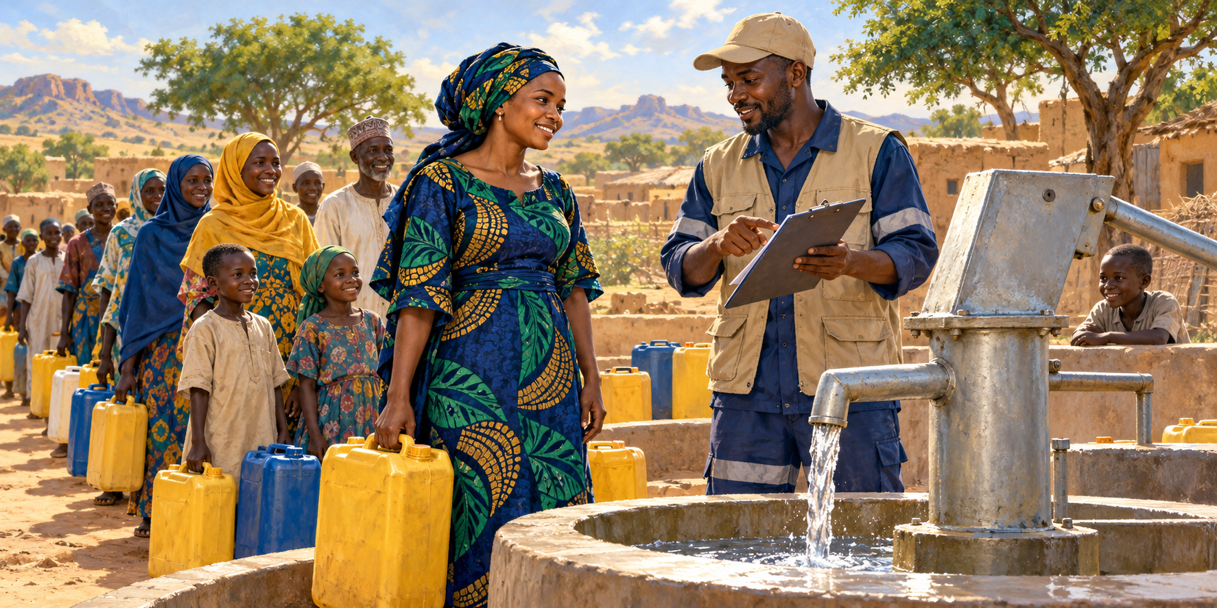 Campaign artwork of a community water point and water-service discussion